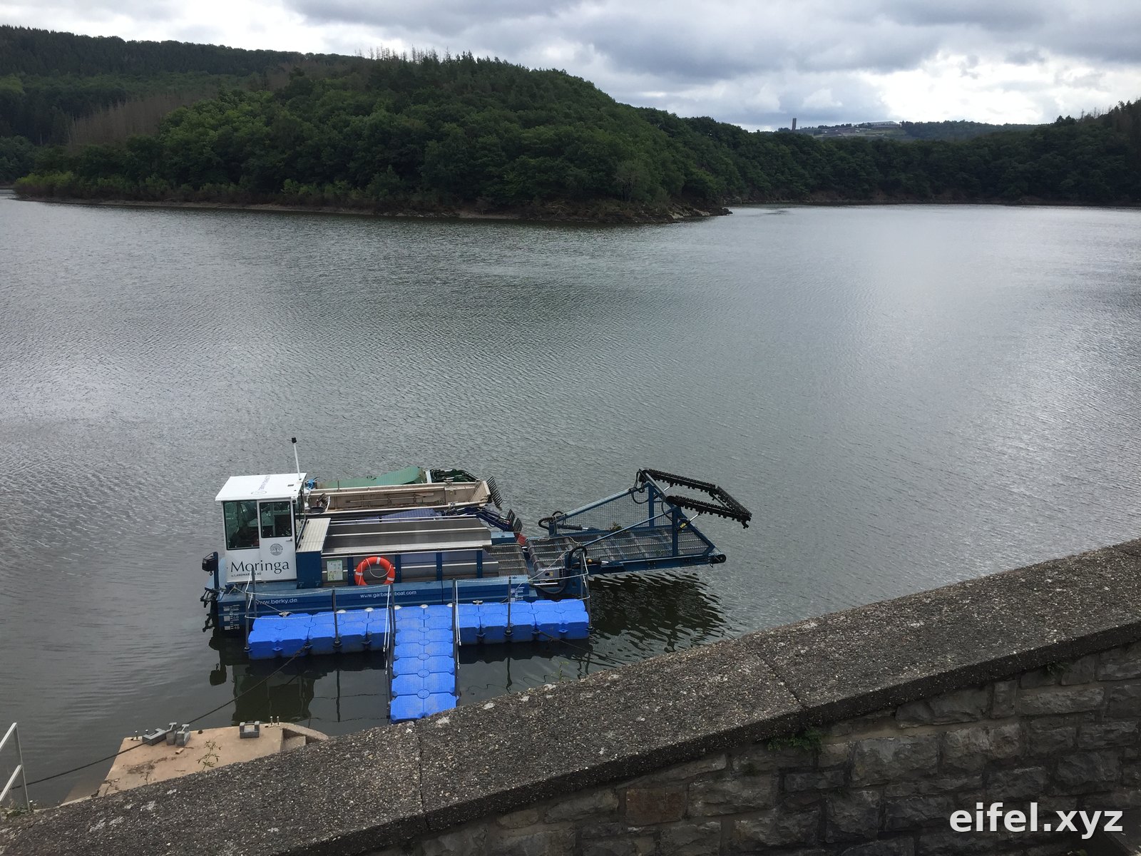 Arbeitsboot mit aufklappbarem Sammelförderband liegt an einem blauen Ponton vor der Staumauer der Urfttalsperre